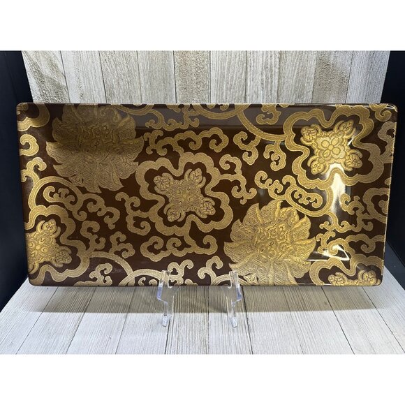 Vtg Potterybarn Chinoise Brown Elegant Floral Design Platter Tray 16" by 8" - Picture 1 of 6